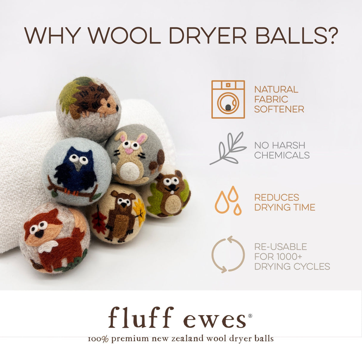Fluff Ewes "Hedgehog & Homies" Woodland Themed 100% Premium Wool Dryer Balls, 6-pack, Natural Fabric Softener, Eco-Friendly