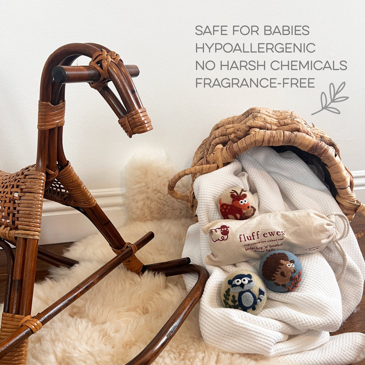 Fluff Ewes "Hedgehog & Homies" Woodland Themed 100% Premium Wool Dryer Balls, 3-pack, Natural Fabric Softener, Eco-Friendly