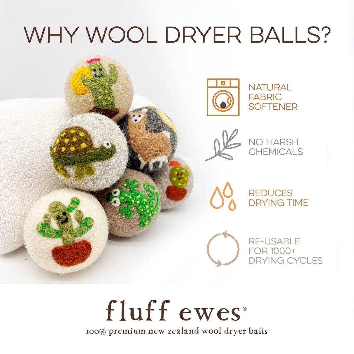 NEW! Fluff Ewes "Kiss my Cactus" premium wool dryer balls, set of 6, Natural Fabric Softener, Wrinkle Reducer, Eco-friendly