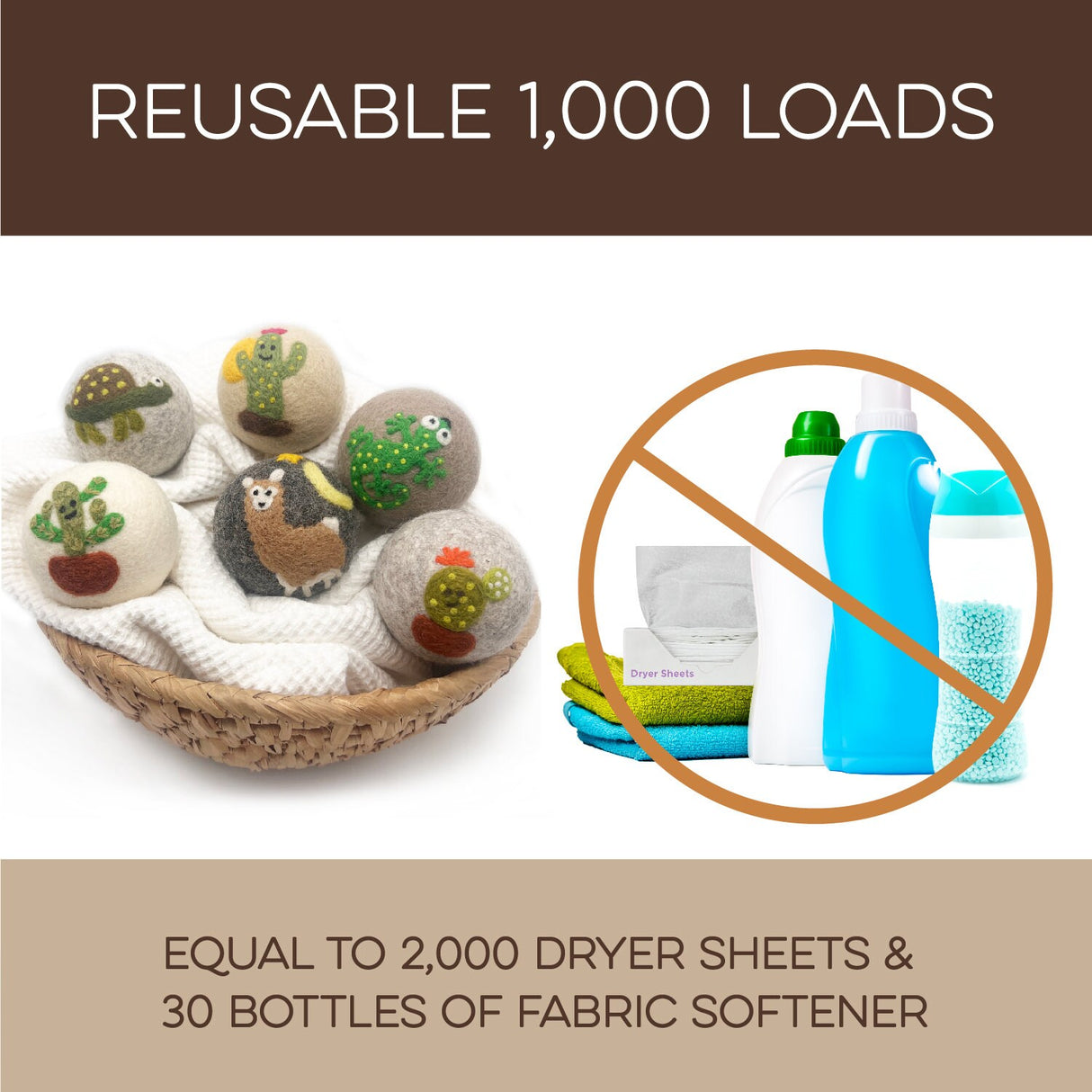 NEW! Fluff Ewes "Kiss my Cactus" premium wool dryer balls, set of 6, Natural Fabric Softener, Wrinkle Reducer, Eco-friendly