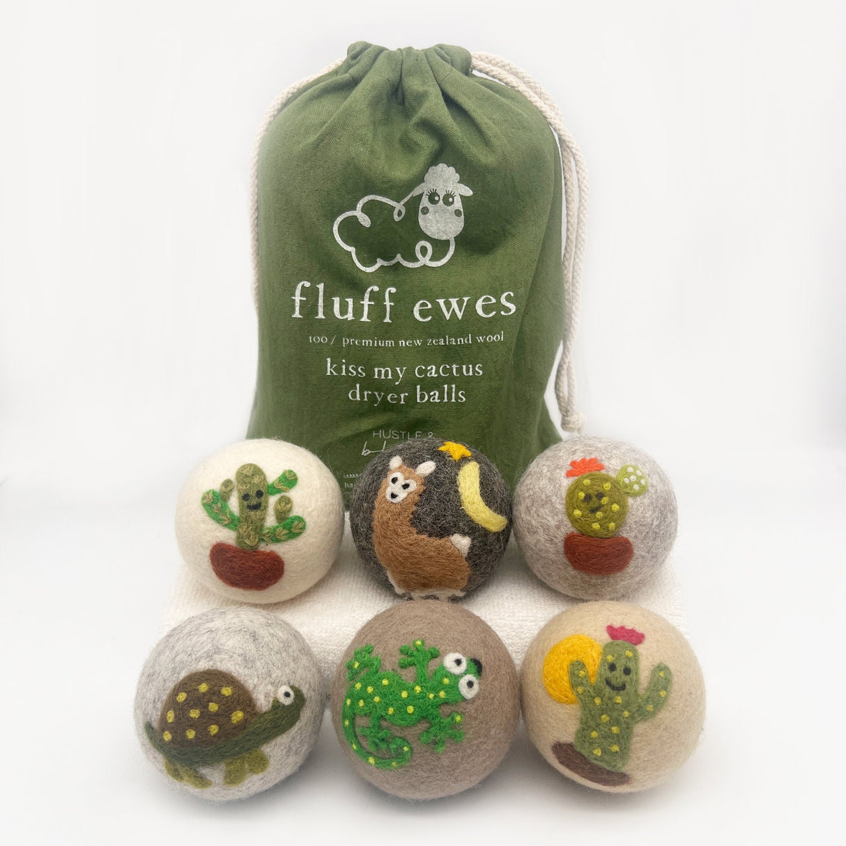 NEW! Fluff Ewes "Kiss my Cactus" premium wool dryer balls, set of 6, Natural Fabric Softener, Wrinkle Reducer, Eco-friendly
