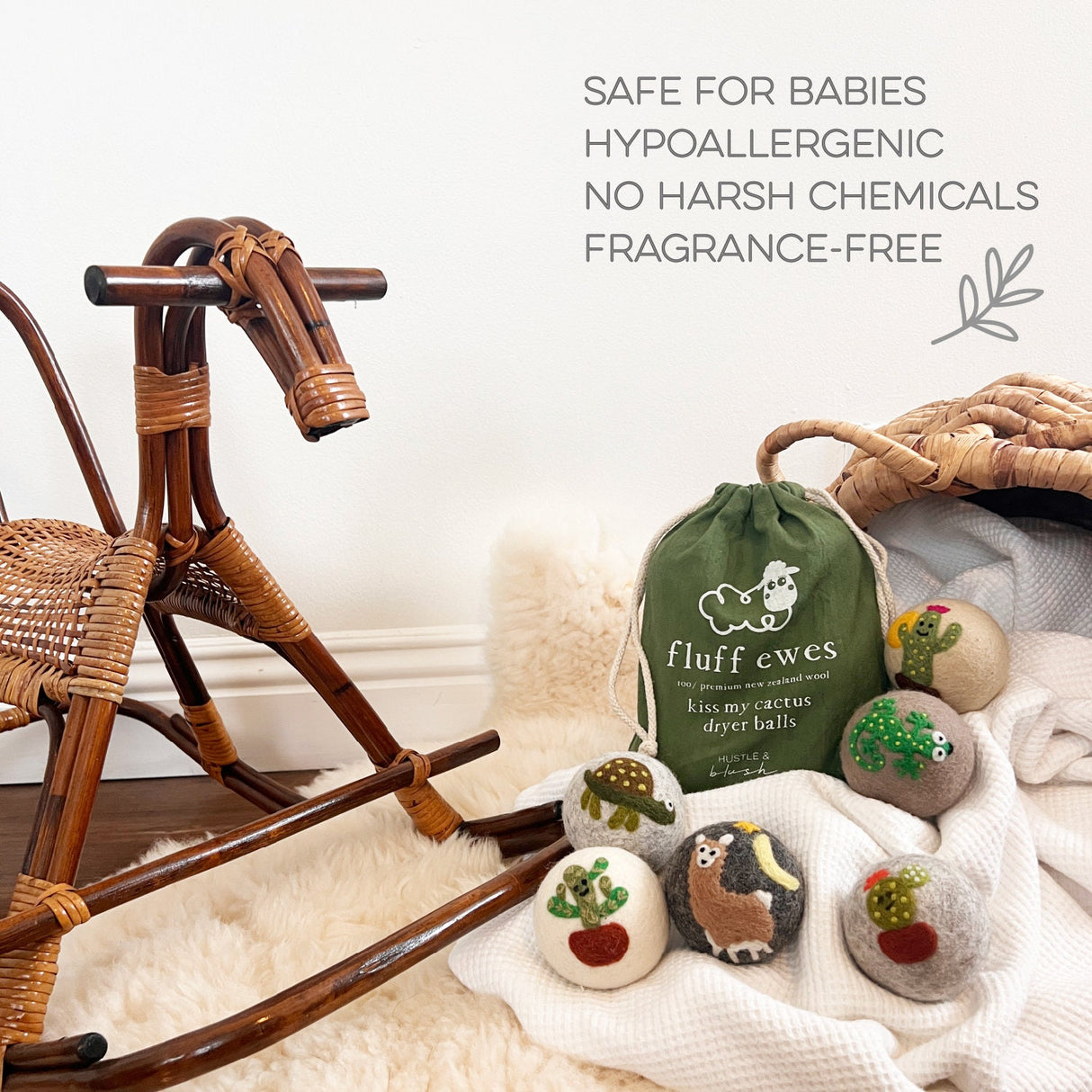 NEW! Fluff Ewes "Kiss my Cactus" premium wool dryer balls, set of 6, Natural Fabric Softener, Wrinkle Reducer, Eco-friendly