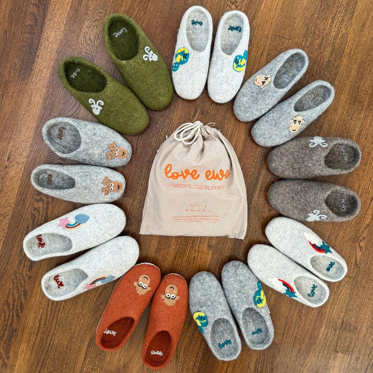 Love Ewe hand-felted organic wool slippers for women or men; Hand-needled, unique designs; Suede sole