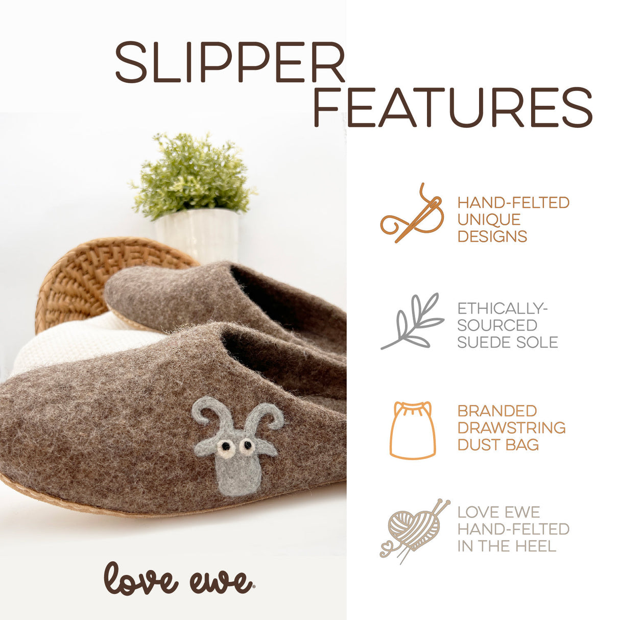 Love Ewe hand-felted organic wool slippers for women or men; Hand-needled, unique designs; Suede sole