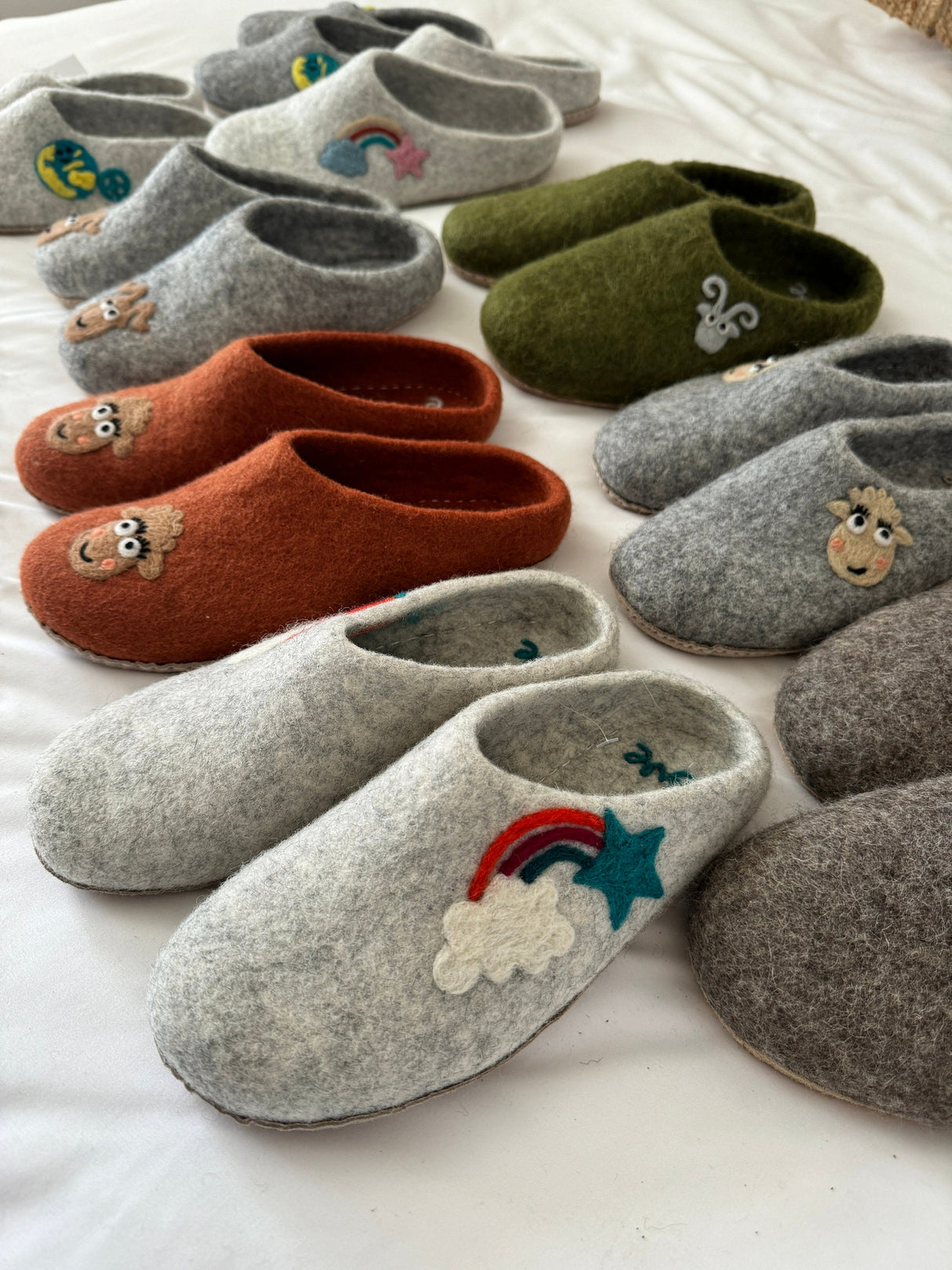 Love Ewe hand-felted organic wool slippers for women or men; Hand-needled, unique designs; Suede sole