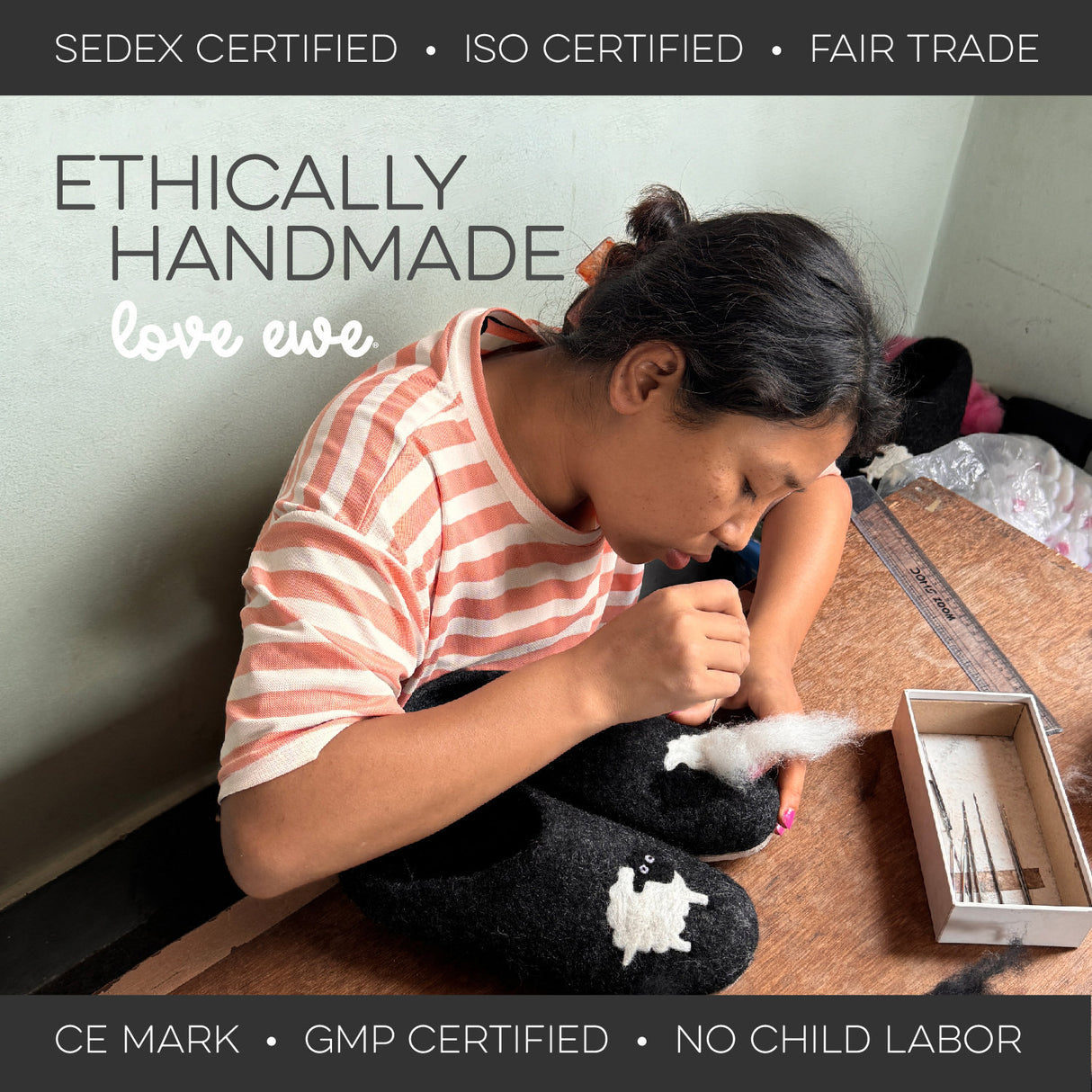 Love Ewe hand-felted organic wool slippers for women or men; Hand-needled, unique designs; Suede sole