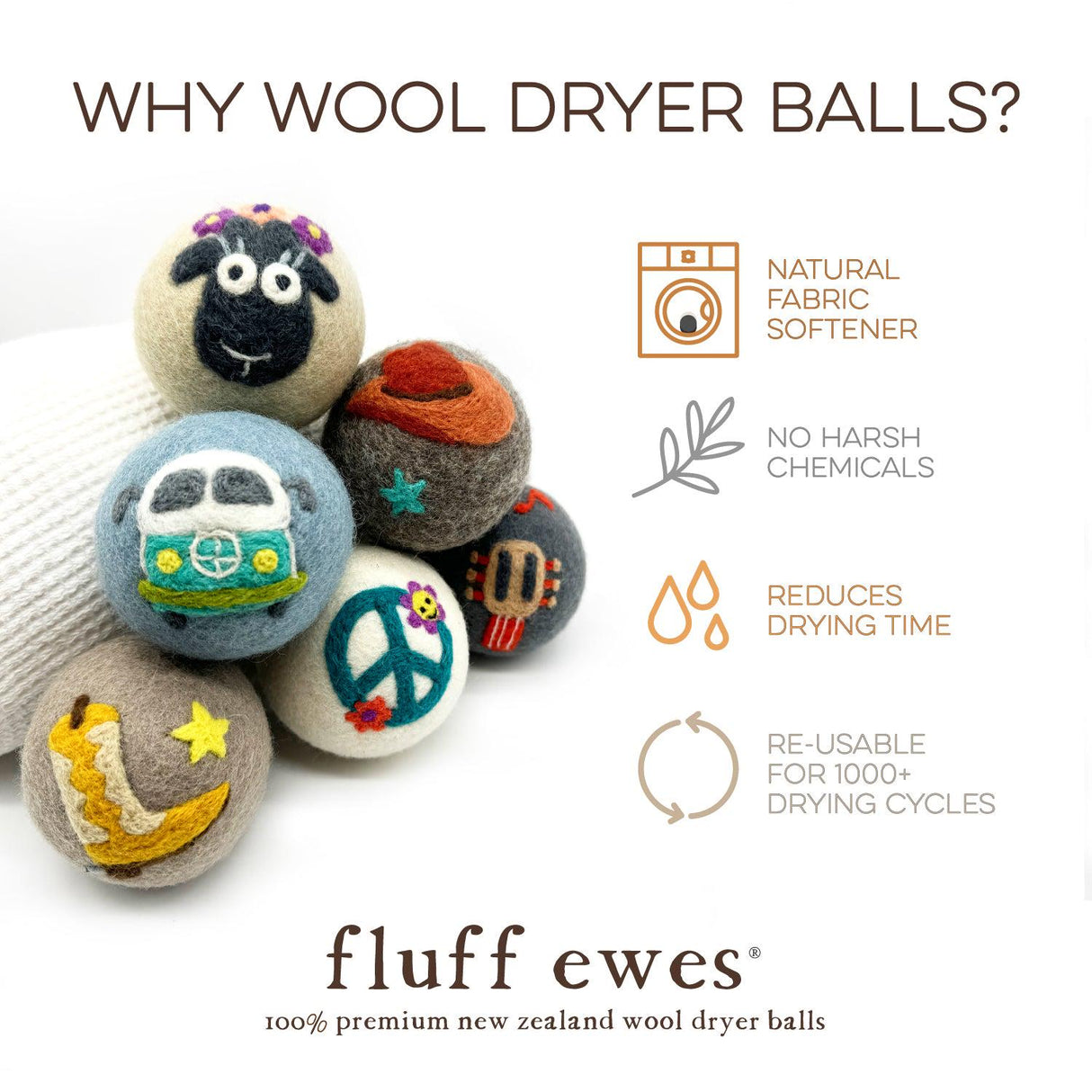 NEW! Fluff Ewes "Fluff Fest," music festival inspired, premium wool dryer balls. 6 pack set