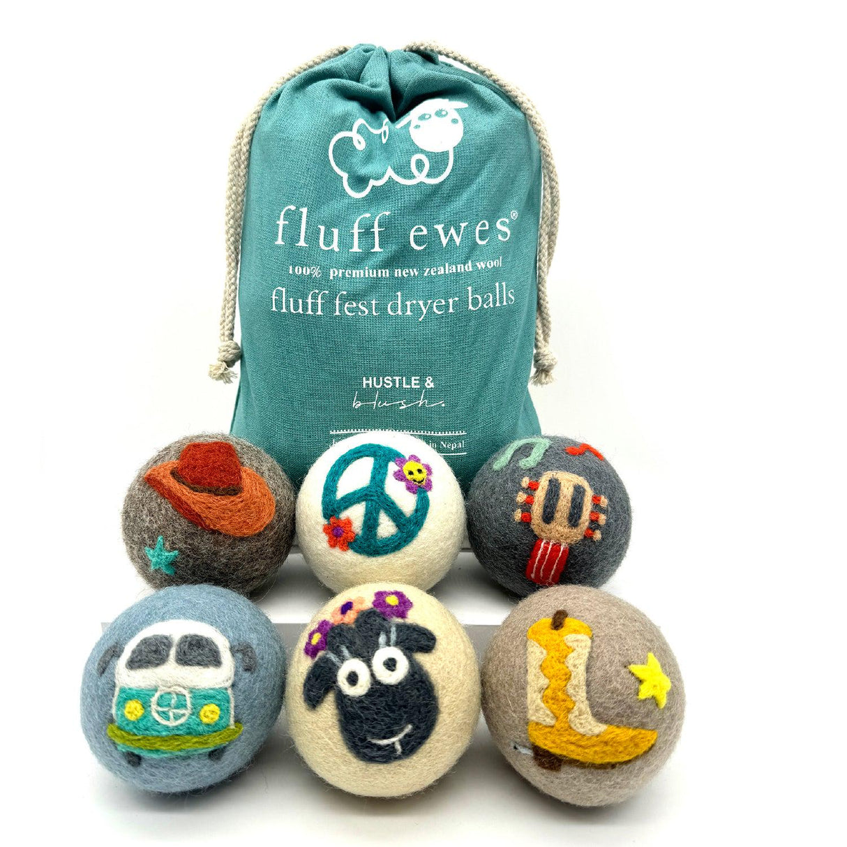 NEW! Fluff Ewes "Fluff Fest," music festival inspired, premium wool dryer balls. 6 pack set
