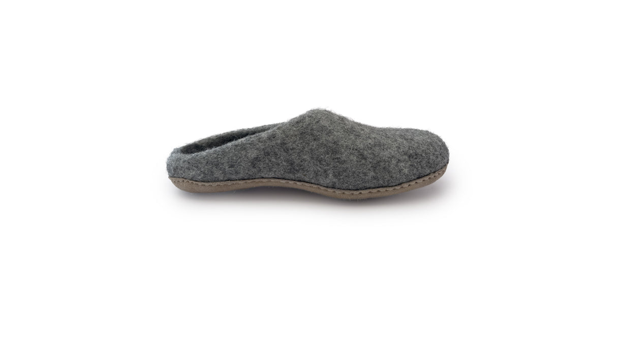 A single Love Ewe Hand-Felted Organic Wool Slipper for Women (Peace-DG) in gray with a brown sole, handmade in Nepal, is shown from the side against a white background.