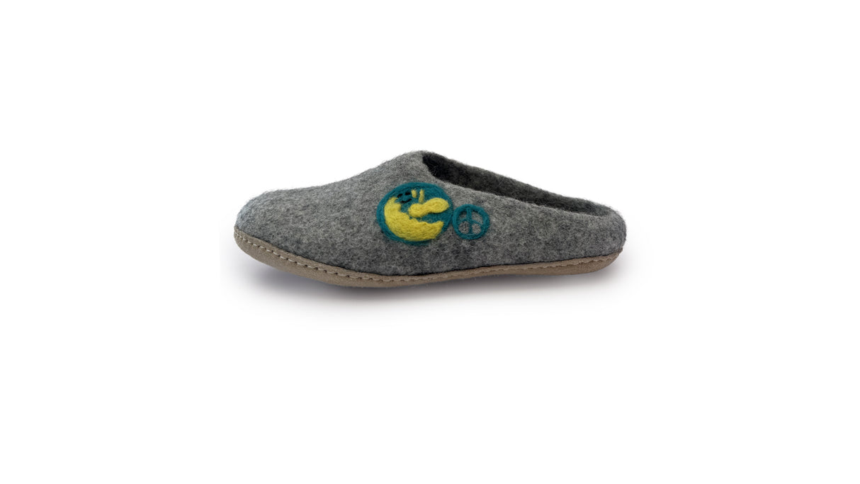 The Love Ewe Hand-Felted Organic Wool Slippers for Women (Peace-DG) feature a yellow and green Earth and peace sign on gray, handmade in Nepal from fair trade organic wool.