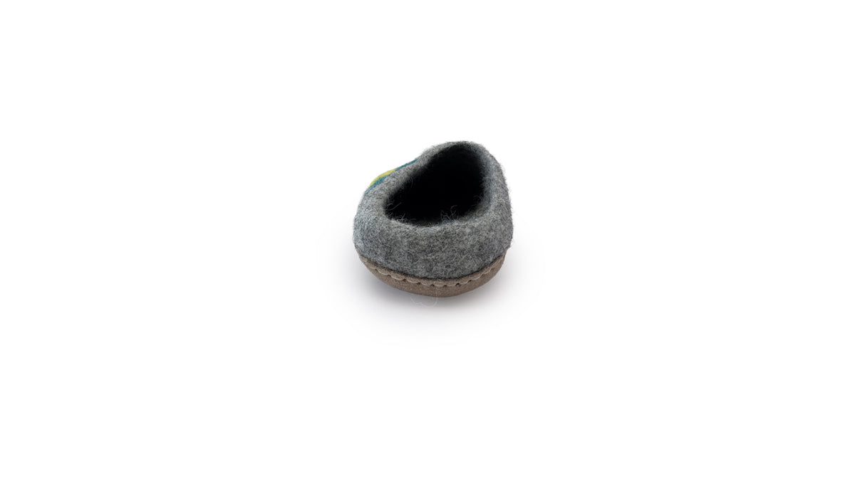 The Love Ewe Hand-Felted Organic Wool Slippers for Women (Peace-DG) are shown from the back in gray with a brown sole, handmade in Nepal from organic wool, set against a white background.