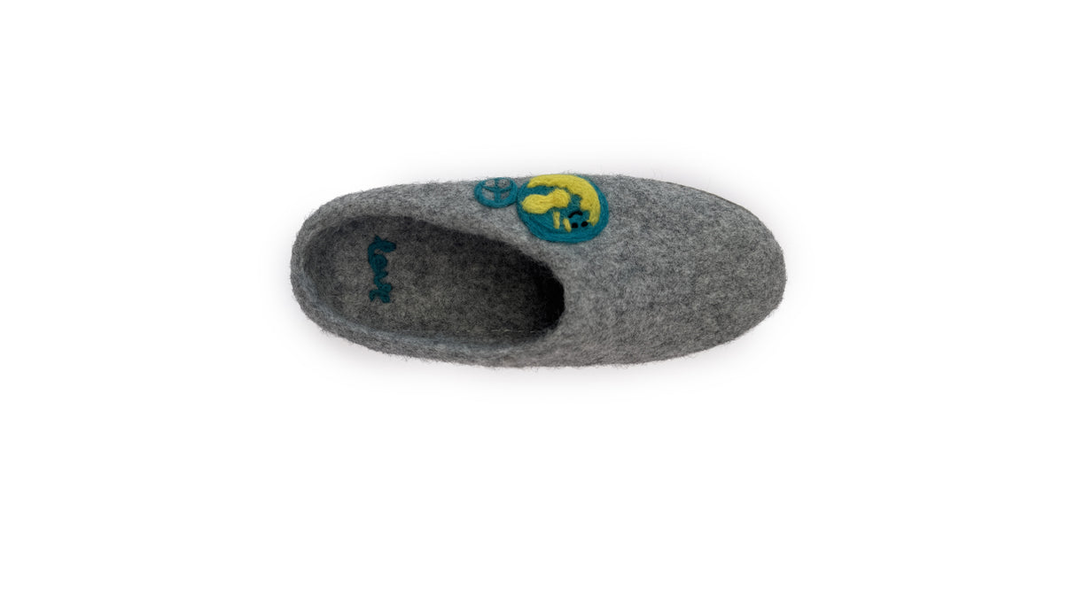 The Love Ewe Hand-Felted Organic Wool Slippers for Women (Peace-DG) are gray, feature blue and yellow embroidery, and are handmade in Nepal, shown from above on a white background.