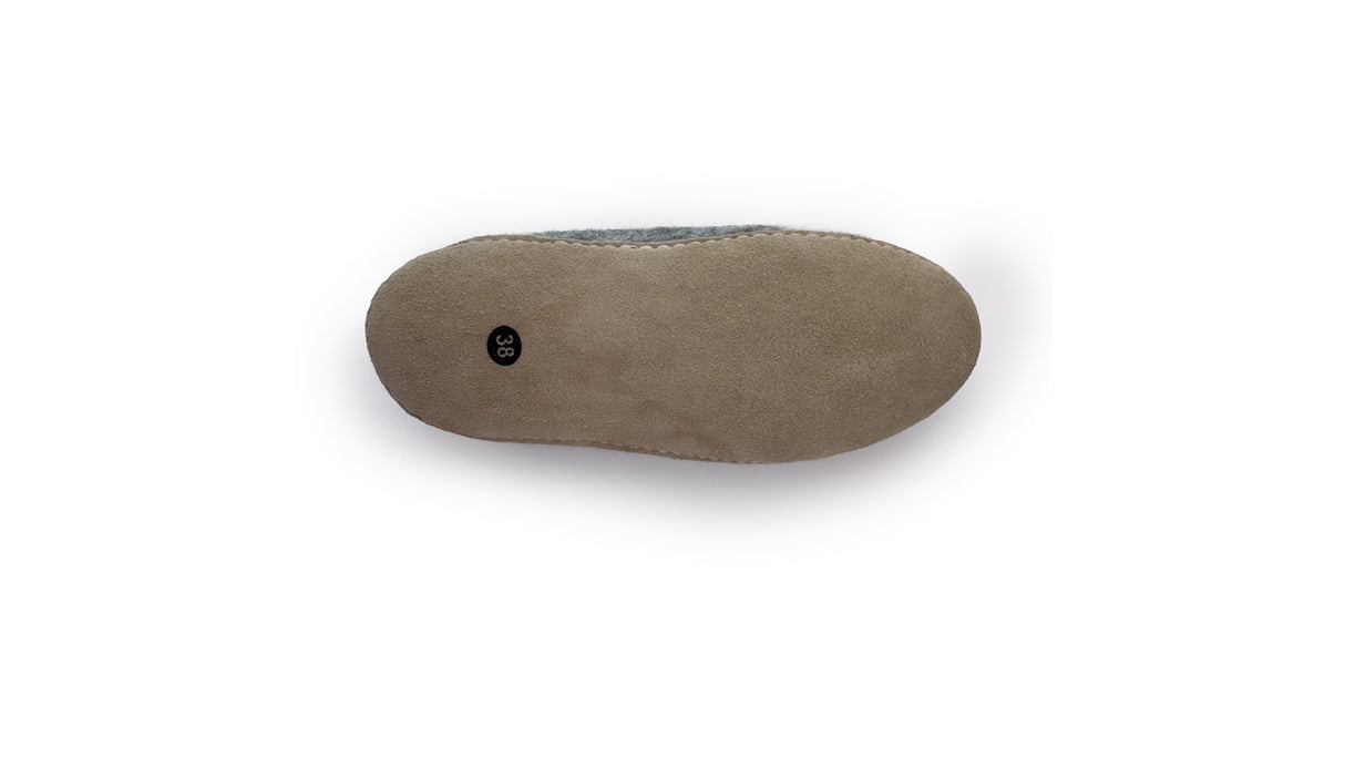 Bottom view of the Love Ewe Hand-Felted Organic Wool Slippers for Women (Peace-DG) in beige, showing the handmade Nepalese design, suede sole, and size label "39.