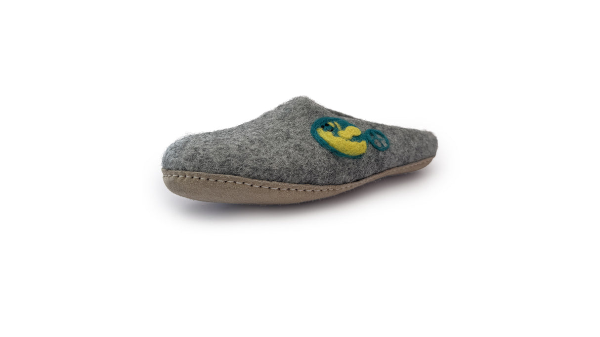 The Love Ewe Hand-Felted Organic Wool Slippers for Women (Peace-DG) are gray, handmade in Nepal, and display a yellow and green moon and star design, shown from the side on a white background.