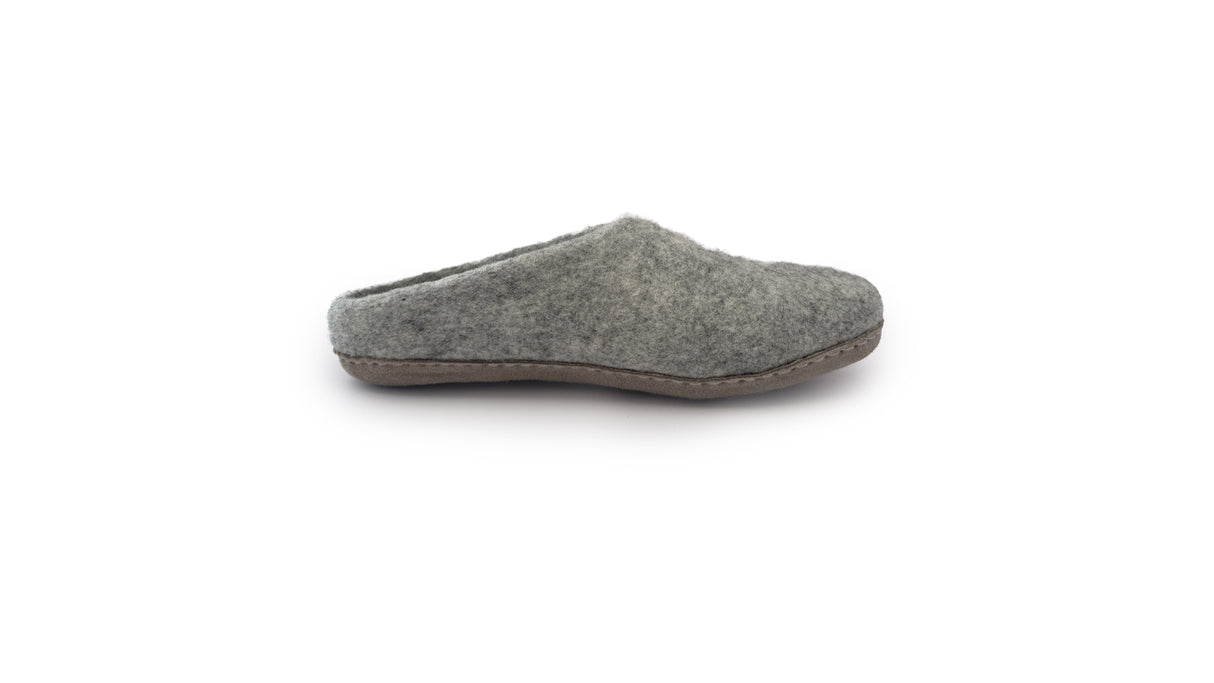A single Love Ewe Hand-Felted Organic Wool Slipper for Women (Peace-LG) in gray with a brown sole, photographed on a white background.