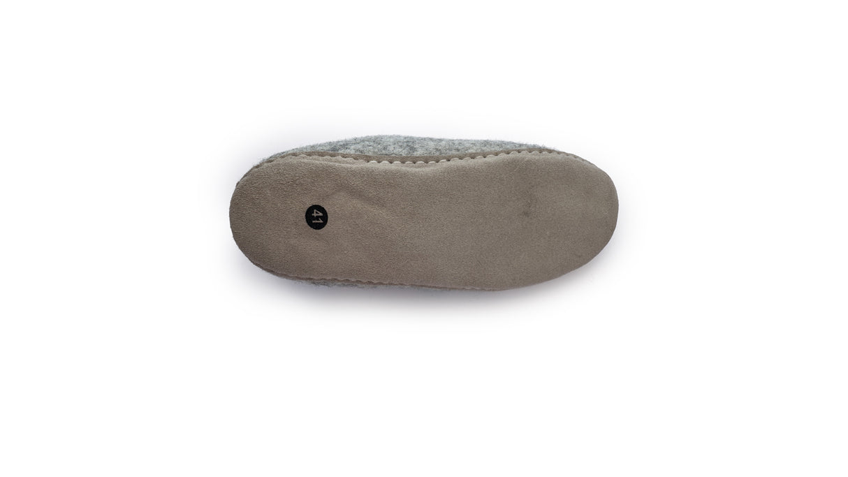 The sole of a gray Love Ewe Hand-Felted Organic Wool Slipper for Women (Peace-LG), featuring a soft, suede-like finish crafted from organic New Zealand wool, is shown against a white background.