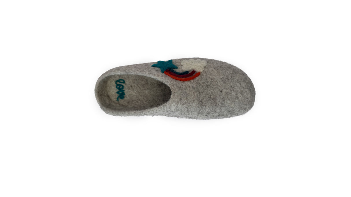 The Love Ewe Hand-Felted Organic Wool Slippers for Women (Rainbow-Bright) feature cozy gray felt with rainbow, cloud, and star accents, viewed from above; these fair trade slippers are both charming and comfortable.