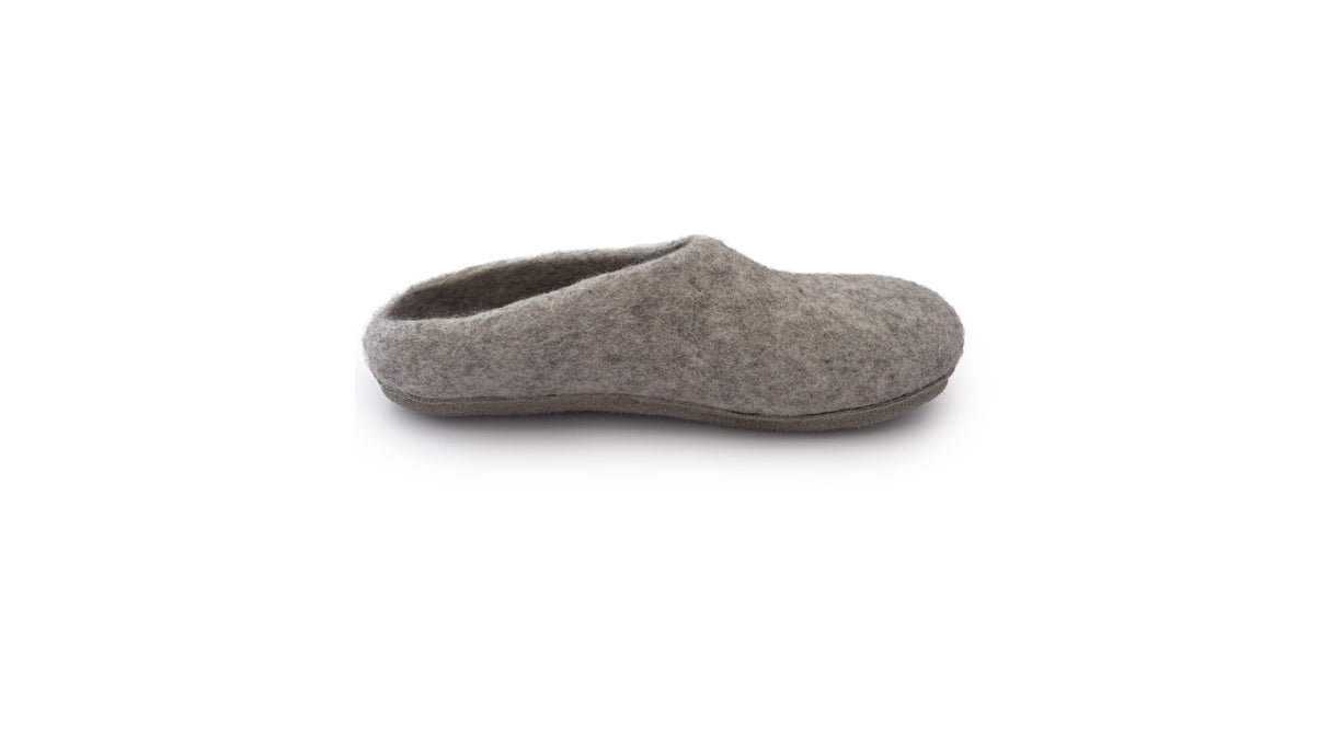 A single Love Ewe Hand-Felted Organic Wool Slipper for Women (Rainbow-Light), handmade in Nepal with a closed toe and open heel, is displayed on a white background.