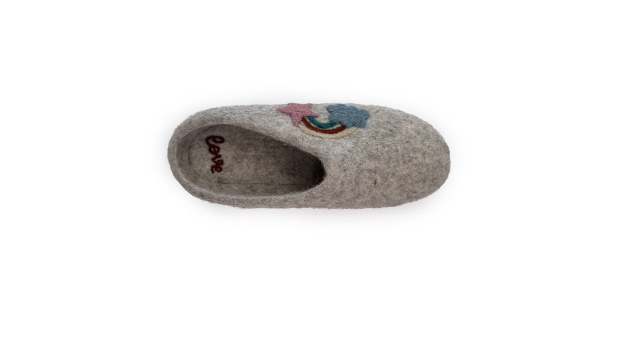 Love Ewe Hand-Felted Organic Wool Slippers for Women (Rainbow-Light), handmade in Nepal under fair trade practices, feature rainbow and star embroidery, shown from above on a white background.