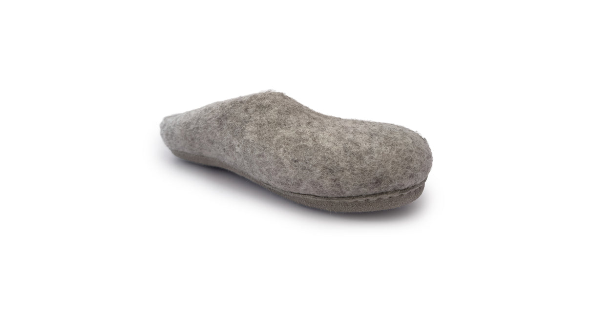 A single Love Ewe Hand-Felted Organic Wool Slipper for Women (Rainbow-Light), handmade in Nepal with a closed toe, is featured on a white background.