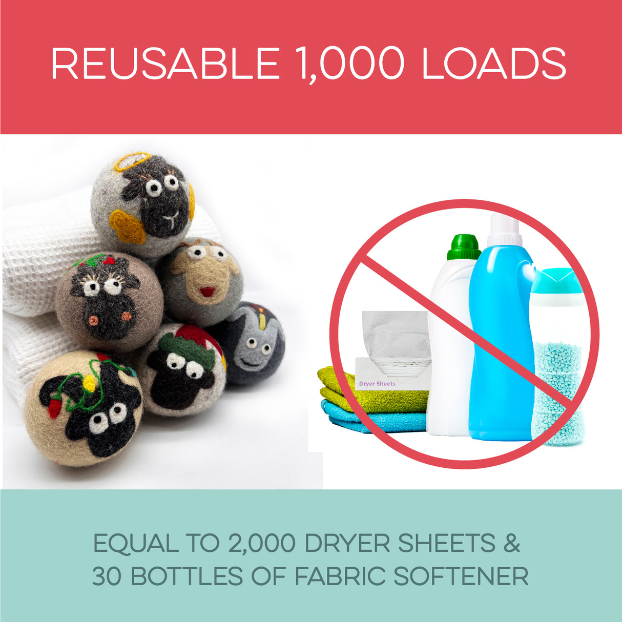 Fluff Ewes Premium XL Dryer Balls: "Sheep in Heavenly Peace" 6 Pack, Holiday Limited Edition