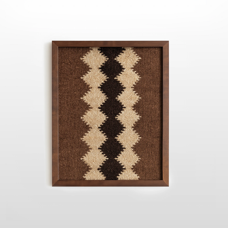 Dobre (Good) Wool Framed Wall Art—rectangular handwoven piece with zigzag beige, brown, and black patterns in a dark wood frame, perfect for organic wool decor enthusiasts.