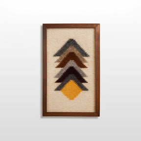 The Strilka (Arrow) Wool Framed Wall Art features five earthy chevron patterns on beige, in a cedar frame, offering stylish and eco-friendly decor.