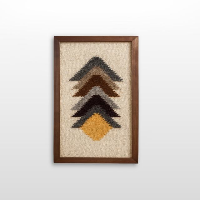 The Strilka (Arrow) Wool Framed Wall Art features five chevron patterns in yellow, brown, gray, and black on a beige background, bringing handwoven organic style to your space.