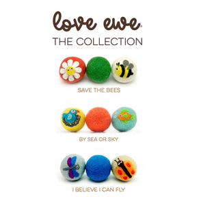 The Love Ewe Handmade Felt Pet Toys are planet-friendly, naturally dyed wool toys for pets, available in themed 3-packs like the Soar Combo, featuring colorful animal and insect designs.