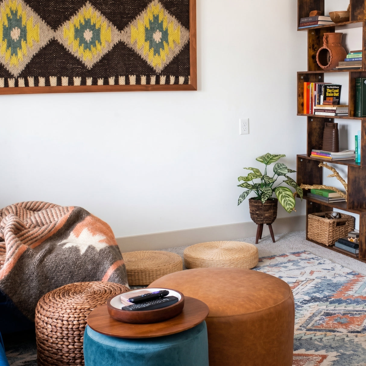 Cozy living room with poufs, throw blanket, bookshelf, plant, and patterned wall art featuring the Mriya (Dream) Wool Wall Hanging for sustainable home decor.