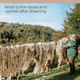 A woman hangs washed wool to dry on a wooden fence outdoors, surrounded by trees and hills—echoing the handcrafted artistry behind the Svitlo (Bright) Wool Wall Hanging.