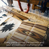 A loom with woven textiles and yarn showcases traditional skill. Text: "Blazheny (Blissful) Wool Framed Wall Art brings warmth, soul, and eco-friendly, timeless style to your home decor.