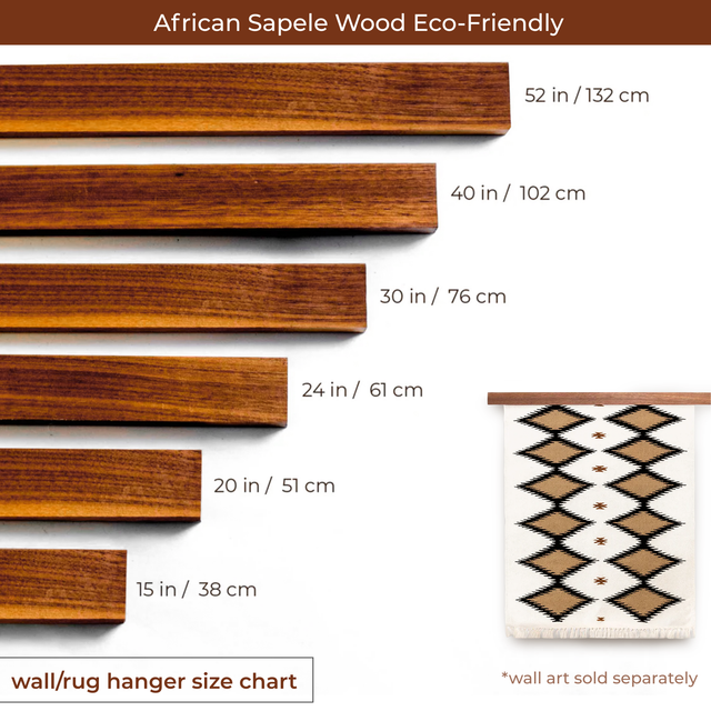 Set of six African Sapele Wood Wall Hanging Rug Hangers in assorted lengths, shown with a wall art rug for size reference—an eco-friendly choice for stylish wall decor.