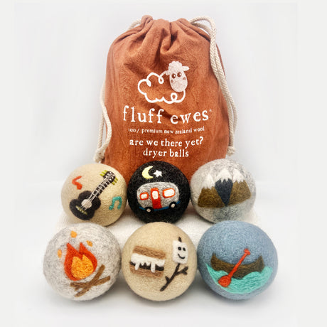 Fluff Ewes "Are we there yet?" premium wool dryer balls for laundry: set of 6