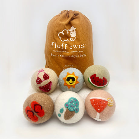 Fluff Ewes "Fun in the Sun" premium wool dryer balls for laundry: set of 6