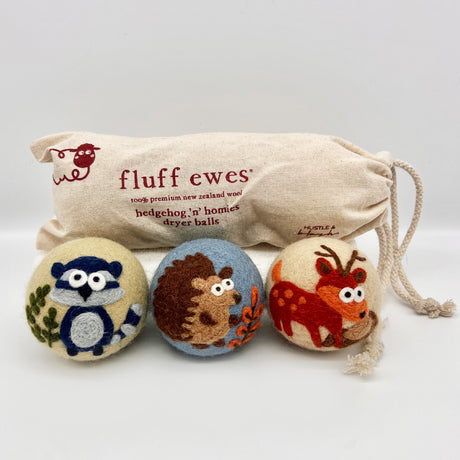 Fluff Ewes "Hedgehog & Homies" premium wool dryer balls for laundry: set of 3