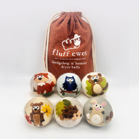 Fluff Ewes "Hedgehog & Homies" premium wool dryer balls for laundry: set of 6