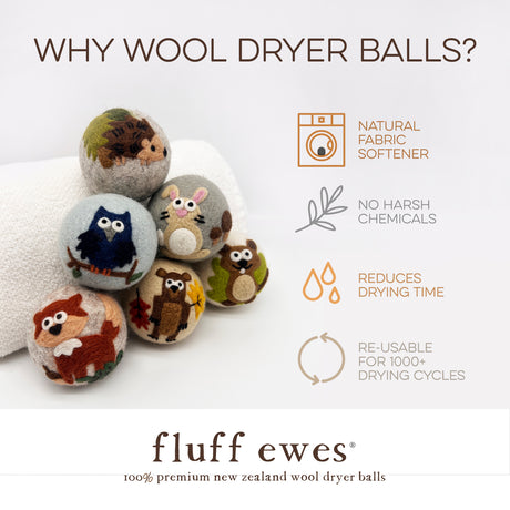 Fluff Ewes "Hedgehog & Homies" premium wool dryer balls for laundry: set of 6