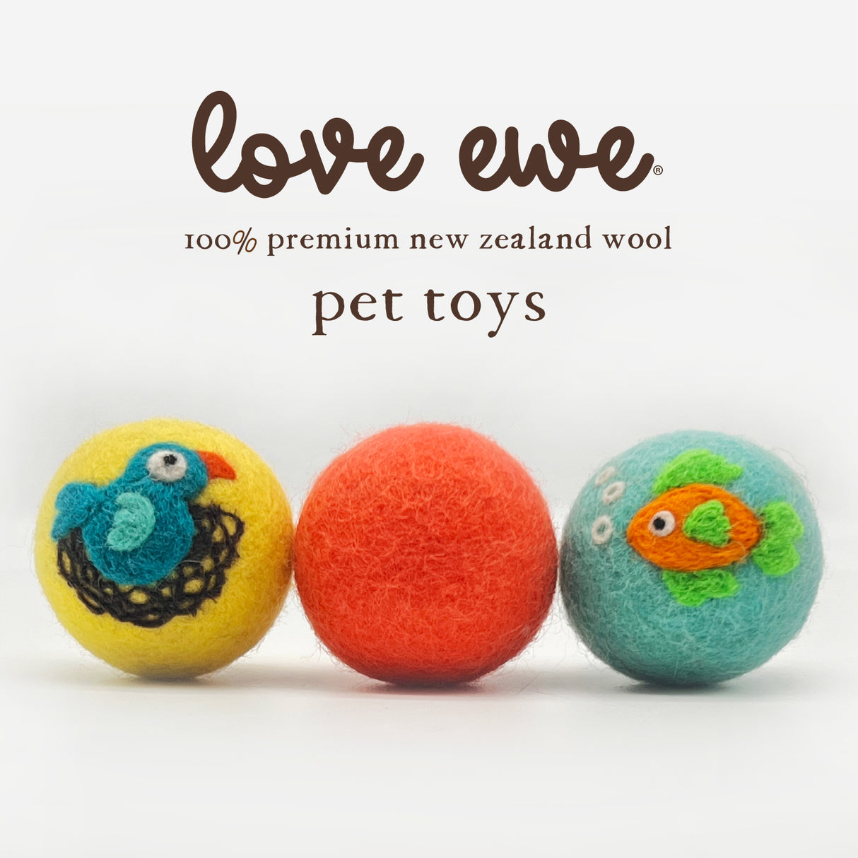 Love Ewe Handmade Felt Pet Toys for Cats, Kittens, Dogs, Small Pets: Planet Friendly, Natural Dye, Pack of 3 Bird/Fish, Cat/Mouse, Duck/Bunny, Butterfly/Dragonfly or Bee/Flower