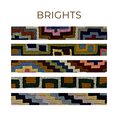 Five vibrant geometric textile patterns labeled "Brights" on a white background—ideal inspiration for artisan-made Medium Straps for Hanging Vintage Bells.