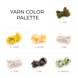 Seven yarn skeins in moss, canary, saffron, fawn, stone, ash, and pistachio are arranged on a white background—perfect for crafting your Sontse (Sun) Wool Statement Throw or Baby Blanket.