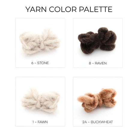 Discover the color palette—Stone, Raven, Fawn, and Buckwheat undyed yarn samples in labeled boxes, ideal for the Myr (Peace) Wool Statement Throw or Baby Blanket and perfect for creative chevron designs.
