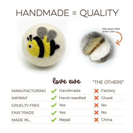 Love Ewe Handmade Felt Pet Toys (3-Pack): eco-friendly, natural-dyed, and durable—unlike broken factory-made balls. Perfect for cats, kittens, dogs, or small pets. Save the Bees—see comparison below.