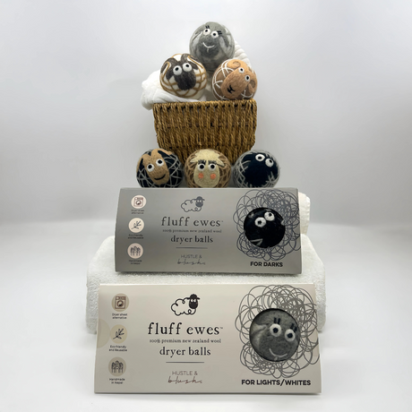 Bundled Pair of Fluff Ewes premium wool dryer balls: 3-Pack for Darks & 3-Pack for Lights/Whites $68 value