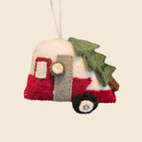 Camper with Christmas Tree is a charming wool ornament featuring a red camper with a green tree on top, hung by a string—perfect for fans of artisan holiday decor and unique Christmas ornaments.