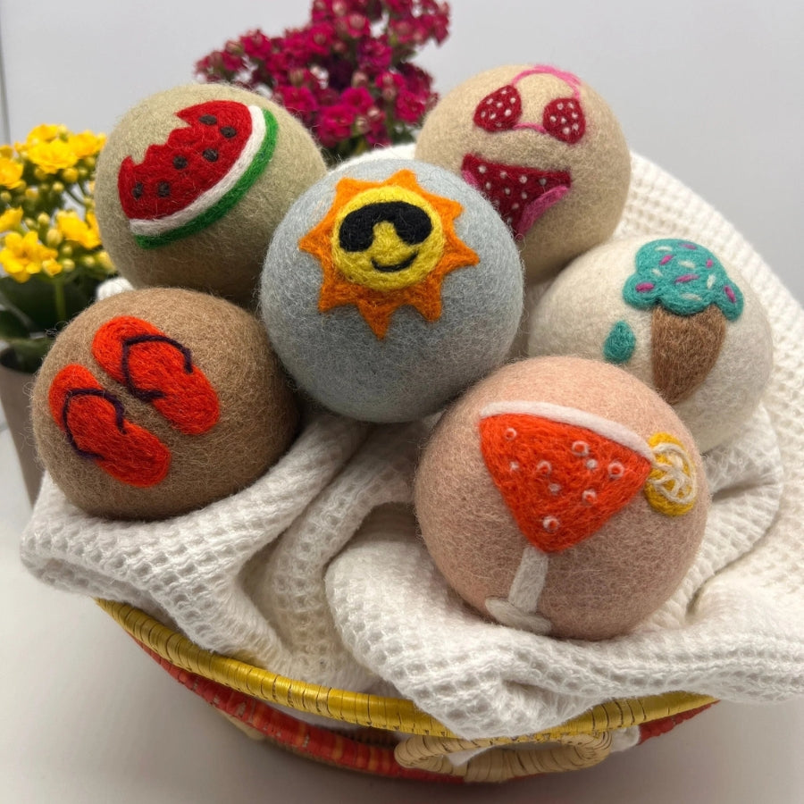 Fluff Ewes "Fun in the Sun" Premium Wool Dryer Balls: 6 Pack, Natural Fabric Softener, Eco-friendly - dryer balls