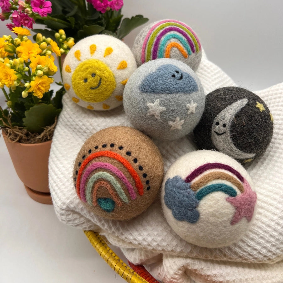Fluff Ewes "Rain(bow) or Shine" 100% Premium Wool Dryer Balls, 6-pack, Natural Fabric Softener, Eco-Friendly - Rainbow 6 pack