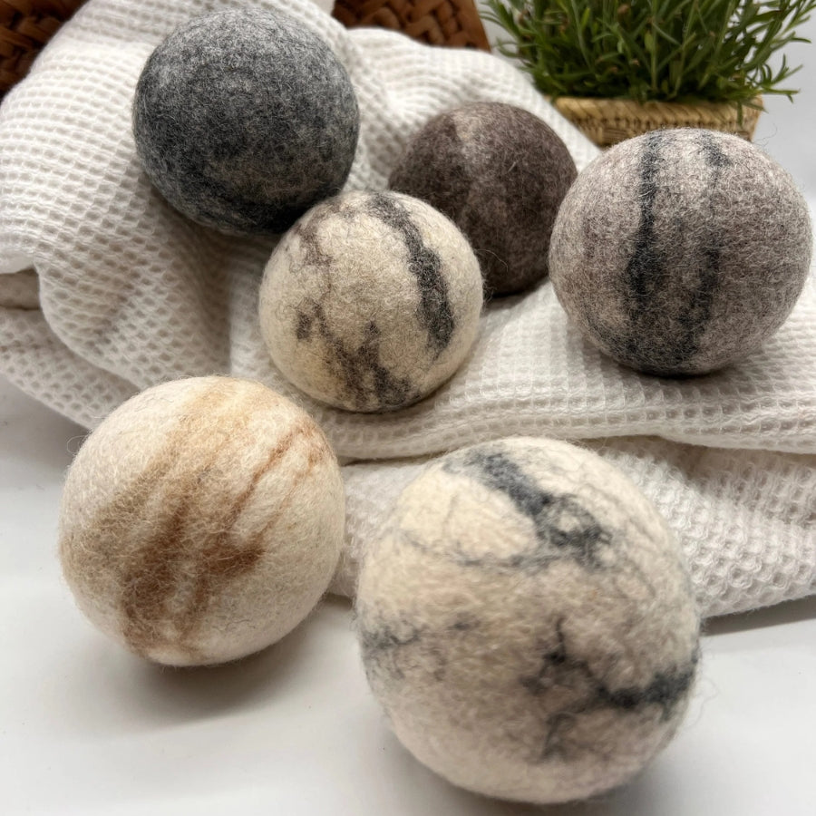Fluff Ewes "Bag of Marbles" Premium Dryer Balls, DYE-FREE, 100% Natural Marbleized Sheep's Wool - Set of 6