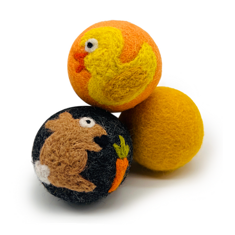 The Love Ewe Handmade Felt Pet Toys for Cats, Kittens, Dogs, and Small Pets feature a planet-friendly, natural dye 3-pack with duck and bunny designs—perfect organic, interactive cat toys your pet will love.