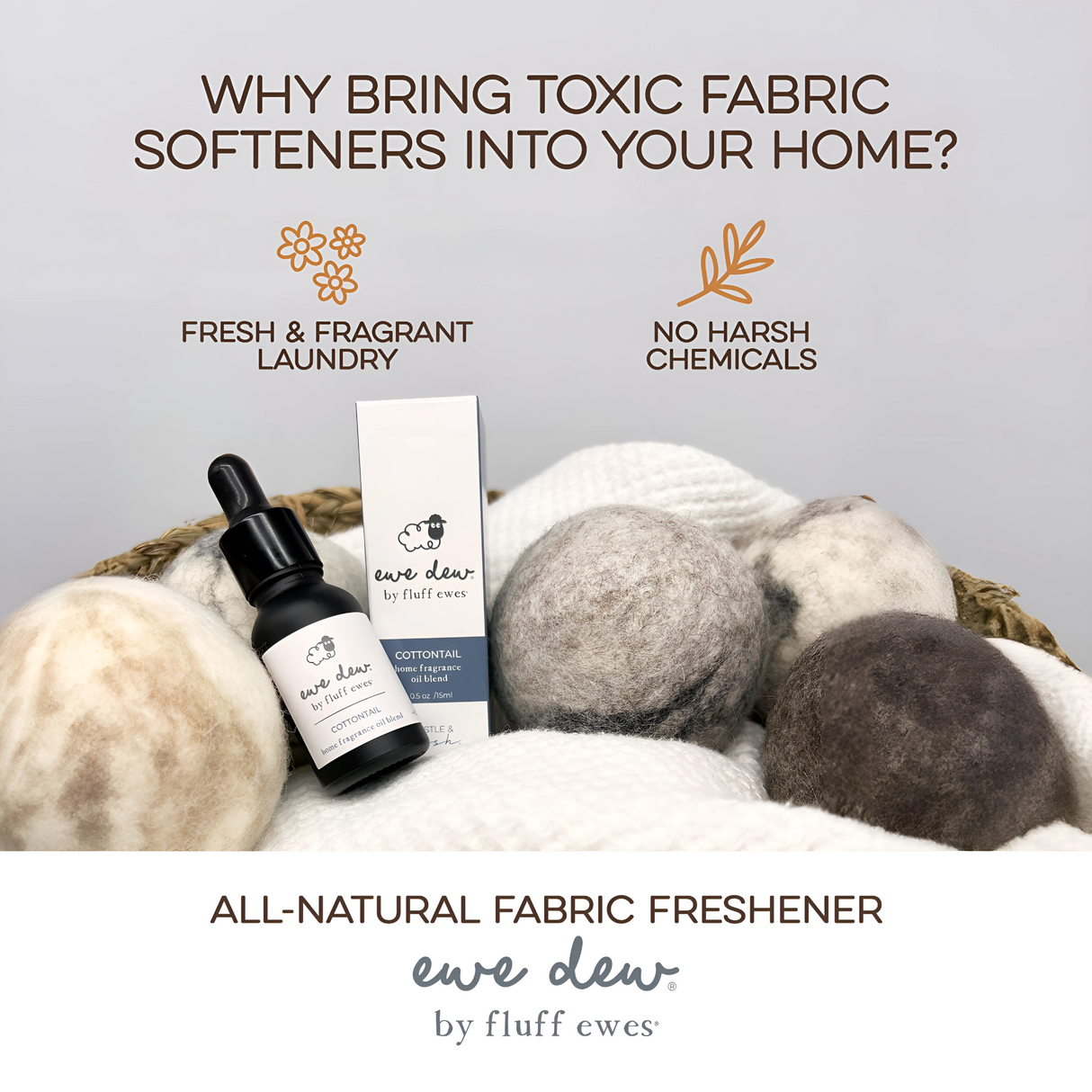 Ewe Dew by Fluff Ewes Bundle: Lavender Rain, Cottontail and Flora & Fawn Trio of Home Fragrance + Aromatherapy Essential Oil Blends for Wool Dryer Balls or Oil Diffuser, 0.5 fl oz/15mL